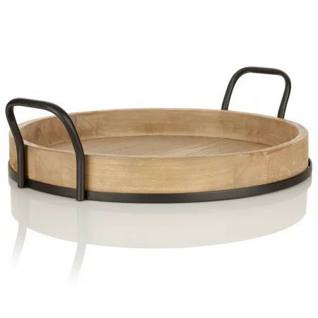 Better Homes & Gardens Round Rustic Brown Wood Serving Tray with Metal Handles 18.5 x17 | Walmart (US)