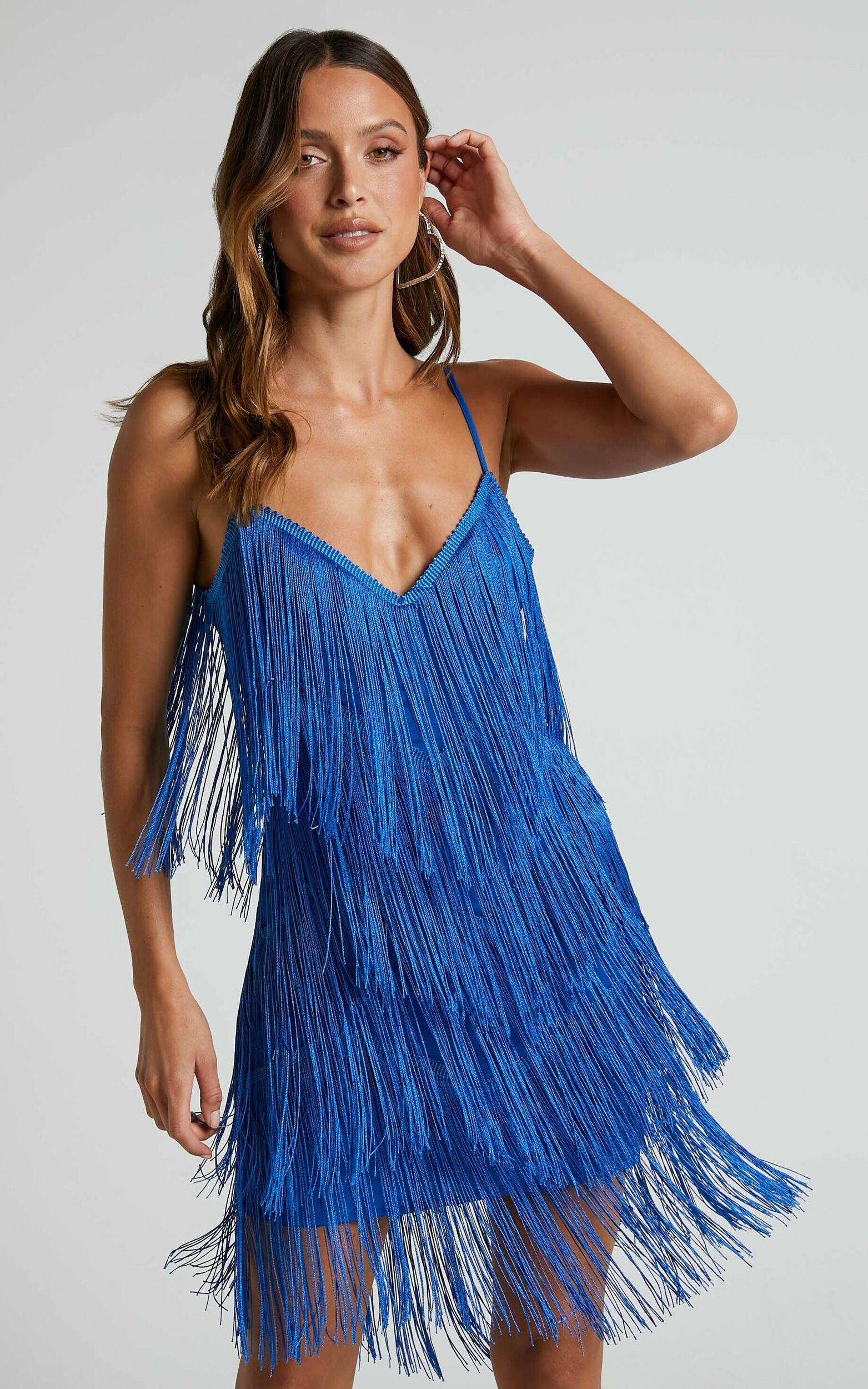 SIOFRA MINI DRESS - ZIG ZAG FRINGE DRESS IN COBALT BLUE | Showpo (ANZ)