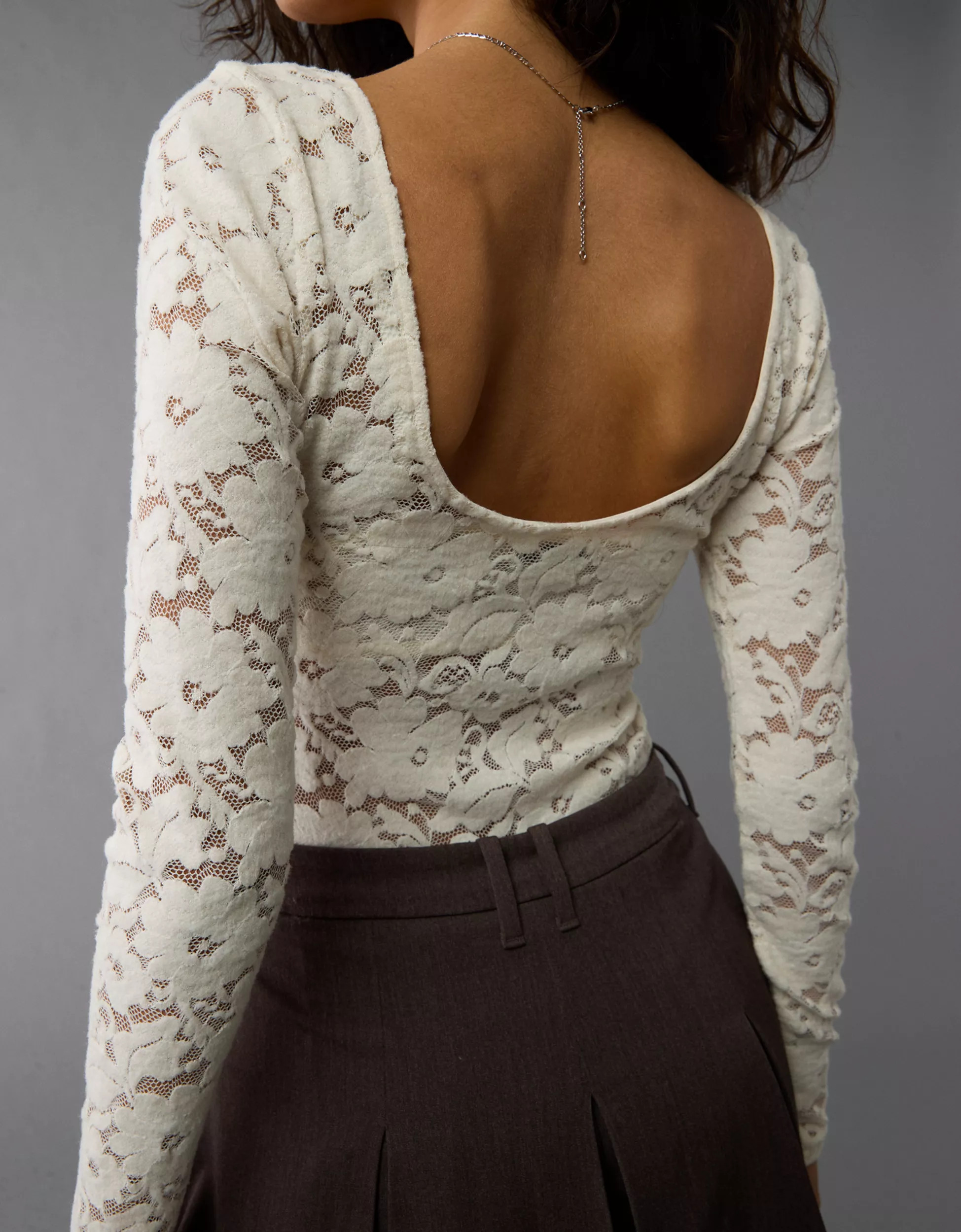 AE Long-Sleeve Low Back Lace Bodysuit | American Eagle Outfitters (US & CA)