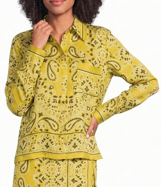 Bandana Print Collared Long Sleeve Button Down Satin Coordinating Blouse | Dillard's