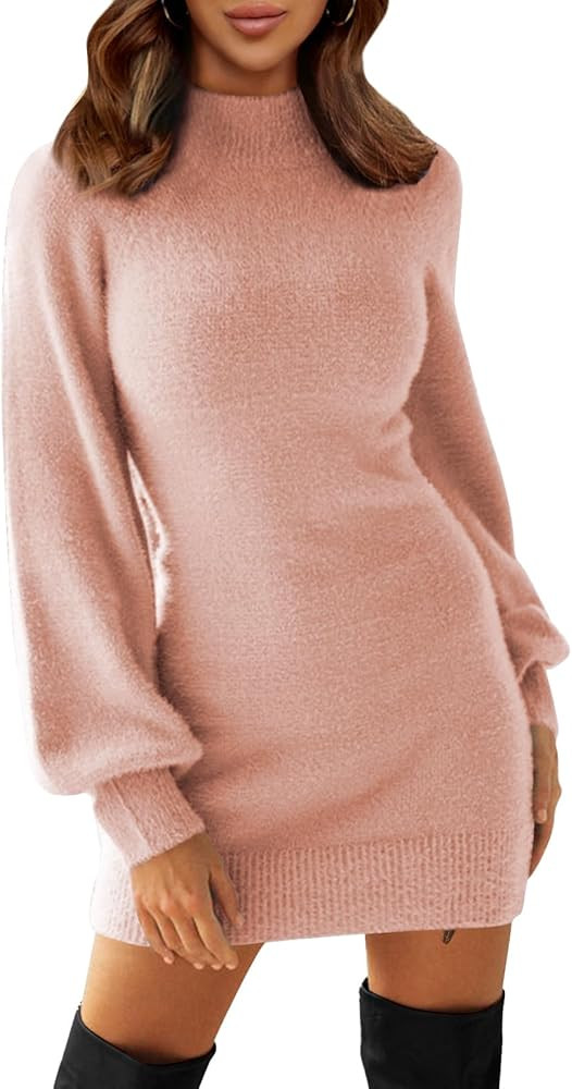 EXLURA Women's 2025 Mock Neck Ribbed Long Sleeve Bodycon Pullover Cute Mini Sweater Dress | Amazon (US)
