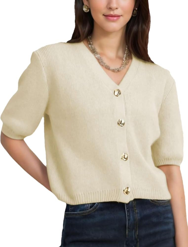 Womens Short Sleeve Cardigans Casual Button Down V Neck Sweater Trendy Cropped Knit Tops | Amazon (US)