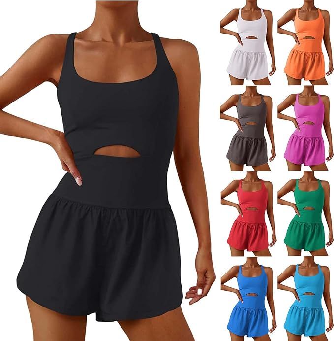 Workout Rompers for Women Sleeveless Squard Neck Hollow Out Waist Jumpsuits Running Onesie Gym Ou... | Amazon (US)