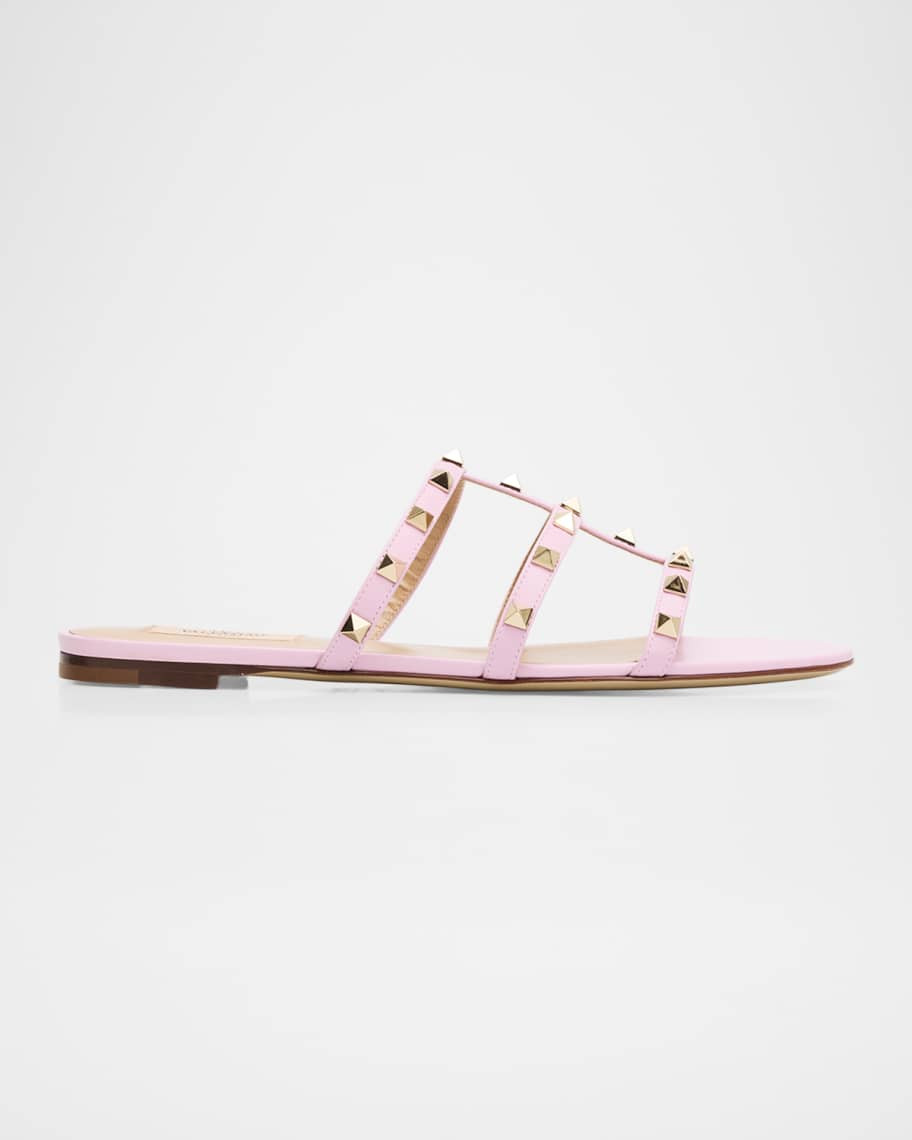 Valentino Garavani Rockstud Caged Leather Flat Slide Sandals | Neiman Marcus