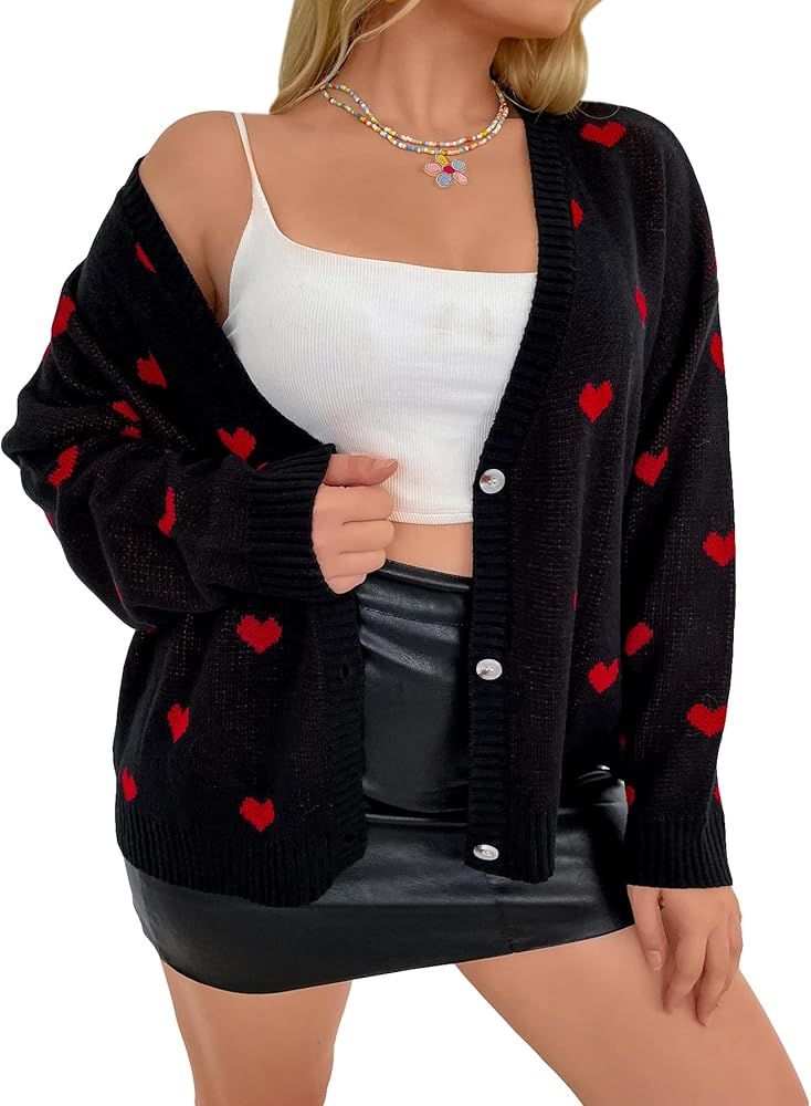 MakeMeChic Women's Plus Size Heart Print Long Sleeve Drop Shoulder Button Front Cute Cardigan Swe... | Amazon (US)