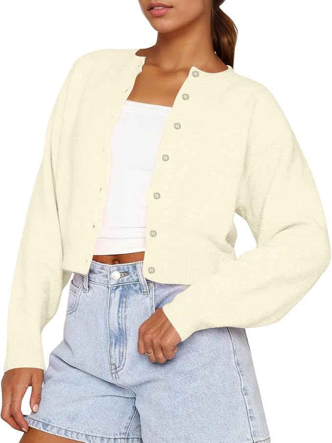 Cioatin Women Y2K Open Front Button Down Crop Sweater Cardigan Long Sleeve Lightweight Knit Pullo... | Amazon (US)