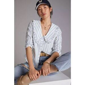 Anthropologie Maeve Women's Prairie Ruffled Collar Buttondown White Blue Stripe | Poshmark