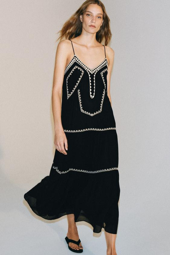 Zara - Zw Collection Embroidered Long Dress - Black / White - L - Woman | Zara US