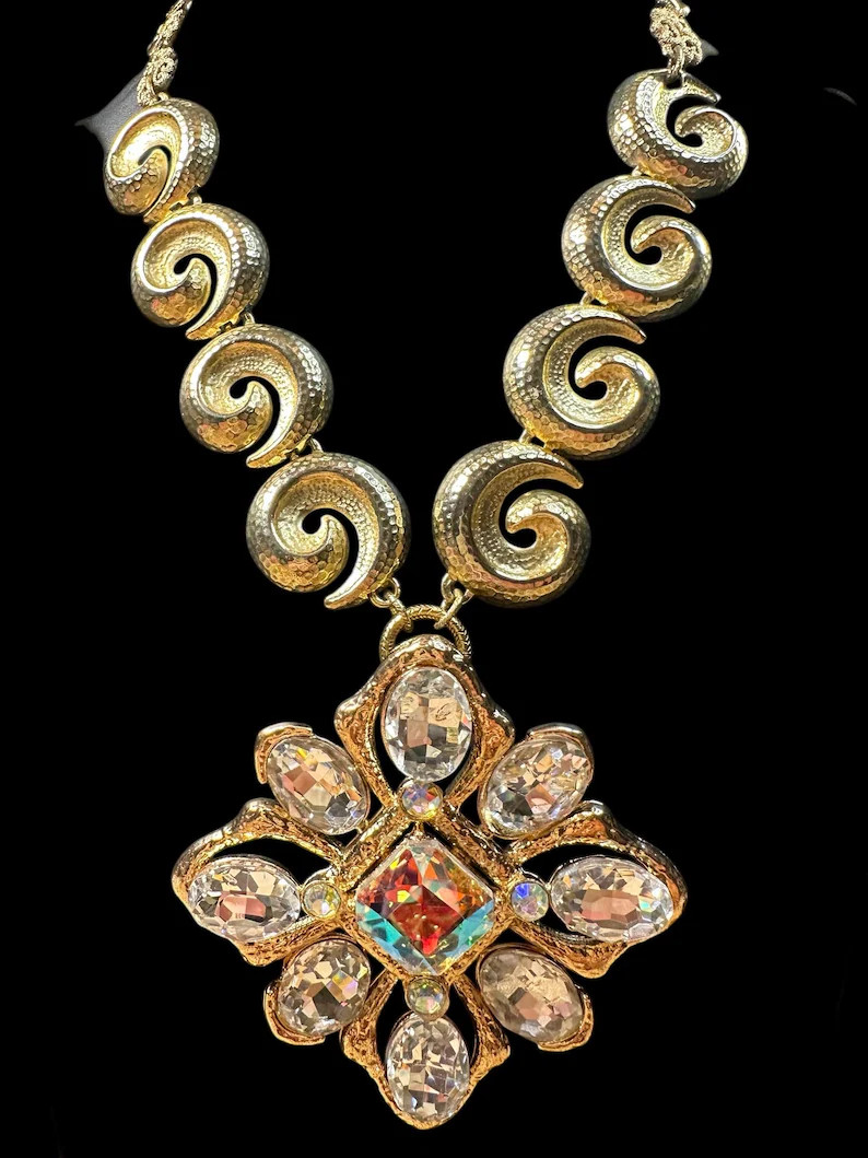 The Fiona Statement Necklace – Gilded Filigree & Aurora Crystal Pendant | Vintage Assemblage - ... | Etsy (Global)