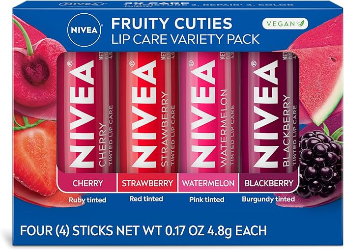 NIVEA Lip Care, Fruity Tinted Lip Balm Variety Pack, Cherry, Strawberry, Blackberry and Watermelo... | Amazon (US)