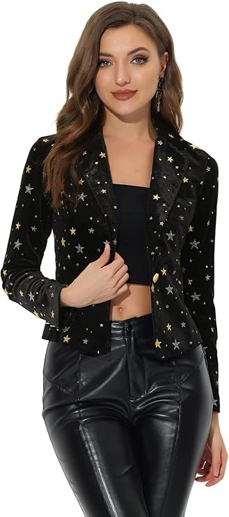 Allegra K Printed Velvet Blazer for Women's 1 Button Business Office Crop Halloween Metallic Star... | Amazon (US)