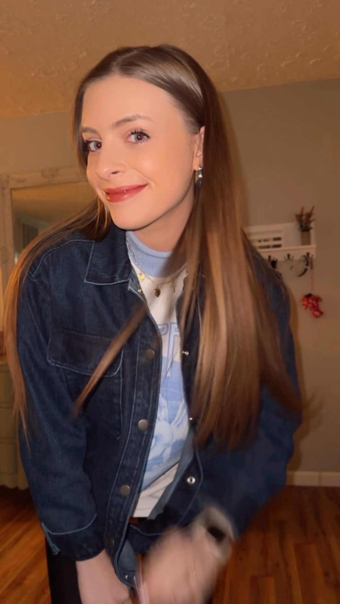 OOTD 1/30/25

Dark wash denim jacket, old navy finds, oversized denim coat, Led Zeppelin t-shirt, white band tee, blue turtleneck, charm necklace, blue and gold chunky earrings, spanx faux leather leggings black, tall boot socks, tall sock with sneakers, blue high top converse shoes 

#LTKStyleTip #LTKFindsUnder100 #LTKShoeCrush