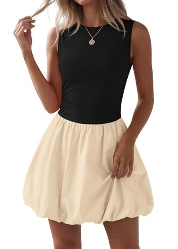 KIRUNDO Summer Dresses for Women 2026 Mini Bubble Dress,Black Beige,S | Amazon (US)