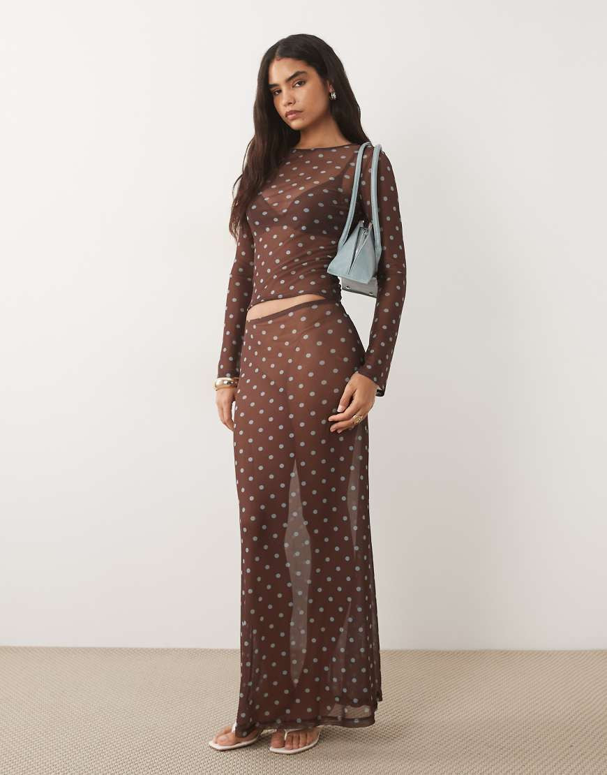 ASOS DESIGN sheer mesh maxi skirt in brown polka dot print-Multi | ASOS (Global)