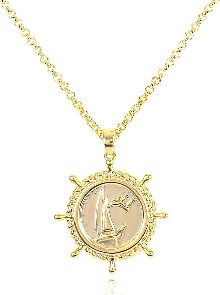 Gold Pendant Necklace for Women 14K Gold Plated Coin Pendant Necklace Adjustable Chain Disc Round... | Amazon (US)