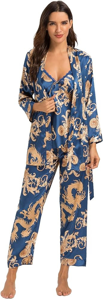 Escalier Women's Silk Satin Pajamas Set 3 Pcs Floral Silky Pj Sets Sleepwear Cami Nightwear with ... | Amazon (US)