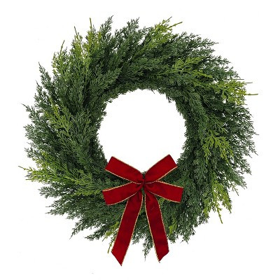Puleo 22" Artificial PE Cypress Christmas Wreath with Red and Gold Bow | Target