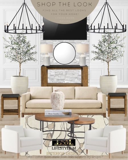 Transitional, modern farmhouse beige sofa, wood end table, white upholstered accent chair, round wood metal frame coffee table, terracotta vase, decorative books, wood console table, white terracotta tree planter pot, realistic fake tree, white table lamp, round black mirror, black wheel chandelier, modern beige rug.