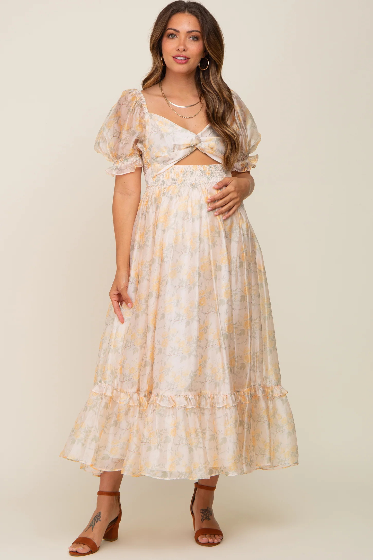Yellow Floral Shimmer Sweetheart Neck Front Cutout Maternity Midi Dress | PinkBlush Maternity