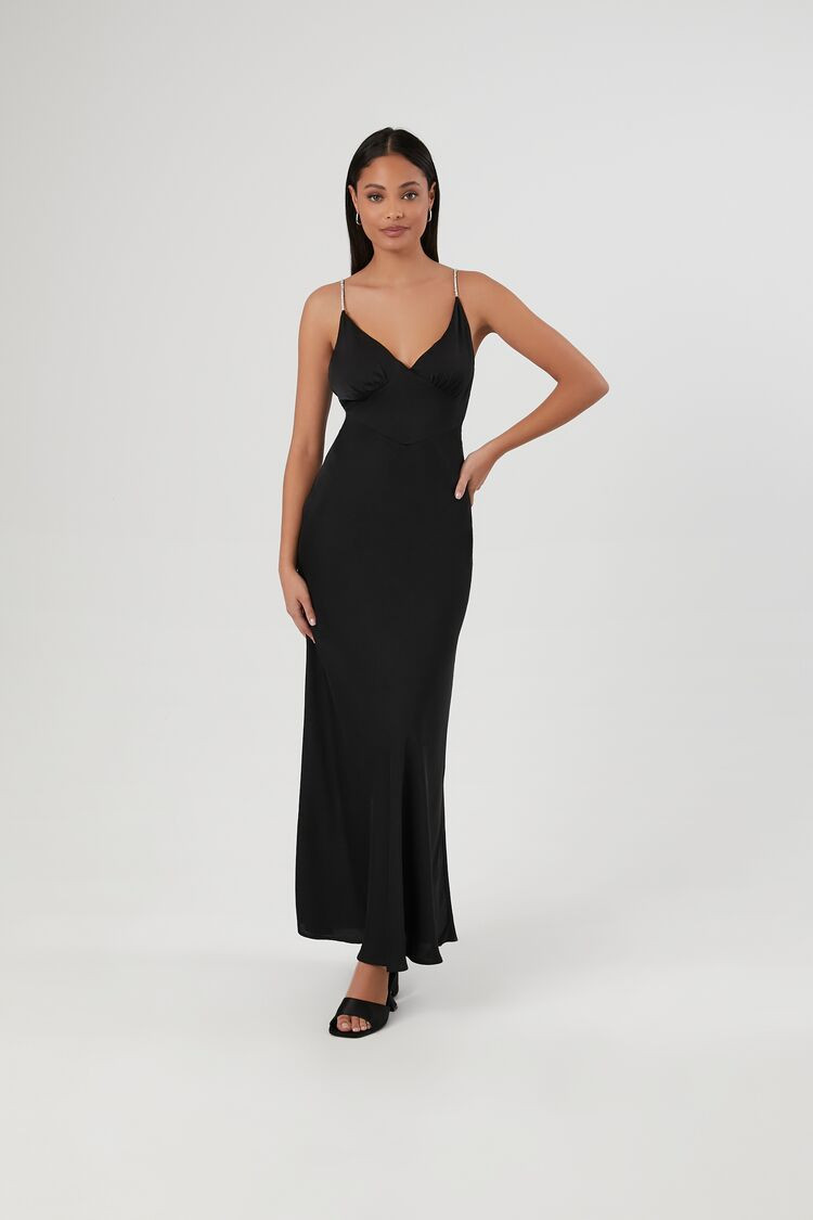 Women's Satin V-Neck Maxi Slip Dress in Black Small | Forever 21