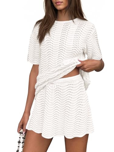 Fisoew Womens Crochet Swimsuit Coverup 2 Piece Skirt Sets Bathing Suit Cover Up Knit Beach Vacati... | Amazon (US)