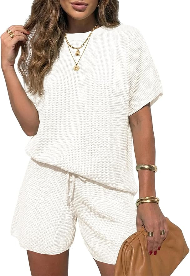 Fisoew Womens 2 Piece Lounge Sets Summer Short Sleeve Knit Sweater Loose Shorts Casual Matching P... | Amazon (US)