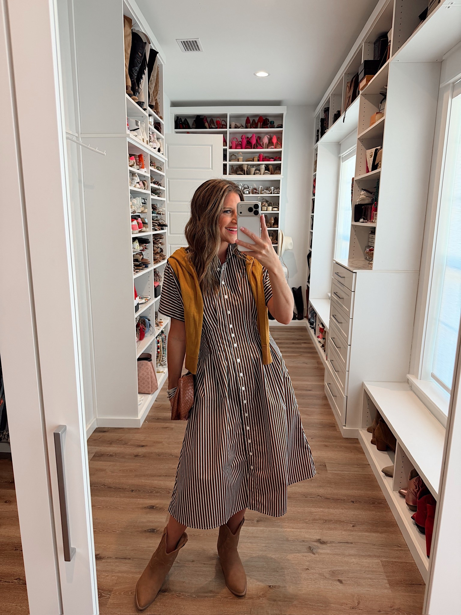 In a small dress, small cardigan, bag, boots and accessories - fits tts.

#LTKootd #LTKgrwm #LTKSeasonal