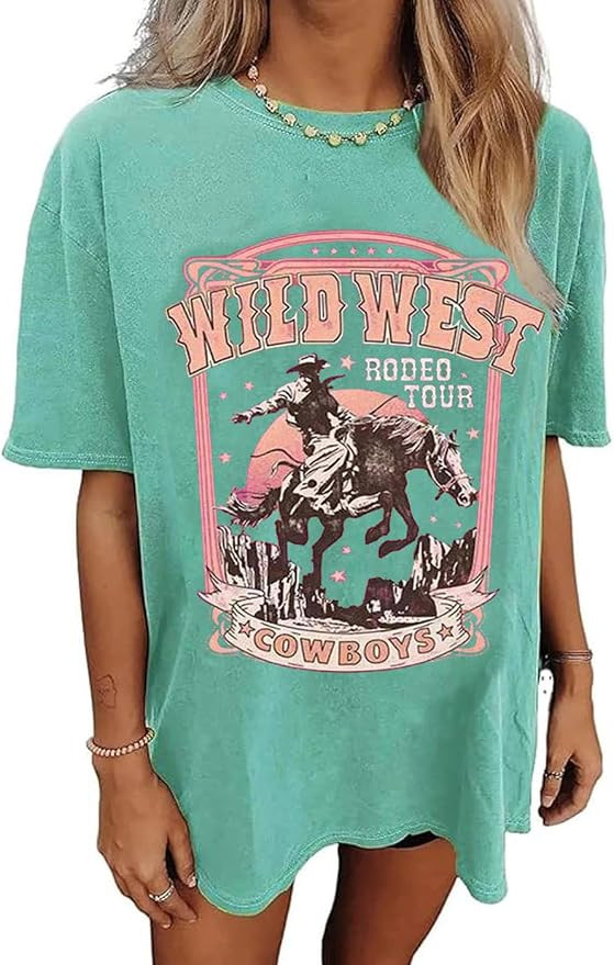 Oversized Wild West Cowboys T-Shirt for Women Vintage Country Music Tee Western Rodeo Graphic Tee... | Amazon (US)