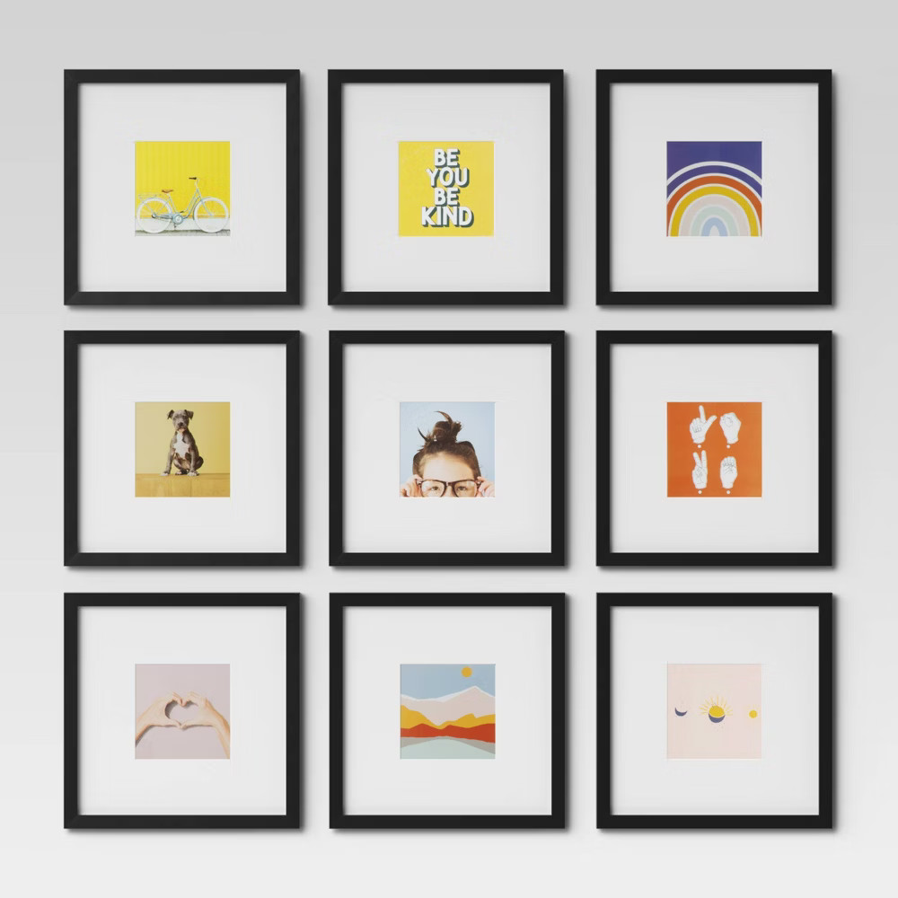 Set of 9 Gallery Frame Set 10"" x 10"" Matted to 5"" x 5"" Black - Room Essentials | Target