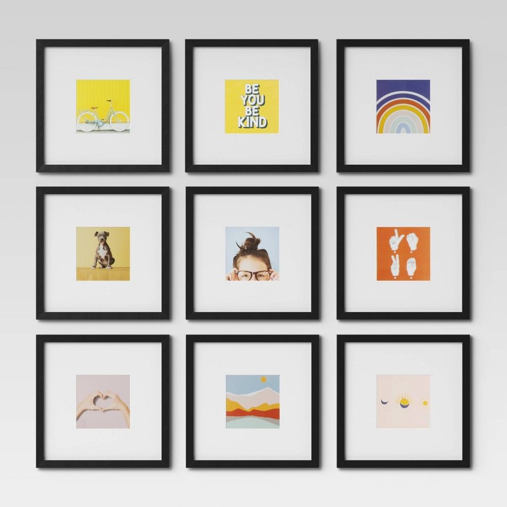 Set of 9 Gallery Frame Set 10" x 10" Matted to 5" x 5" Black - Room Essentials™ | Target