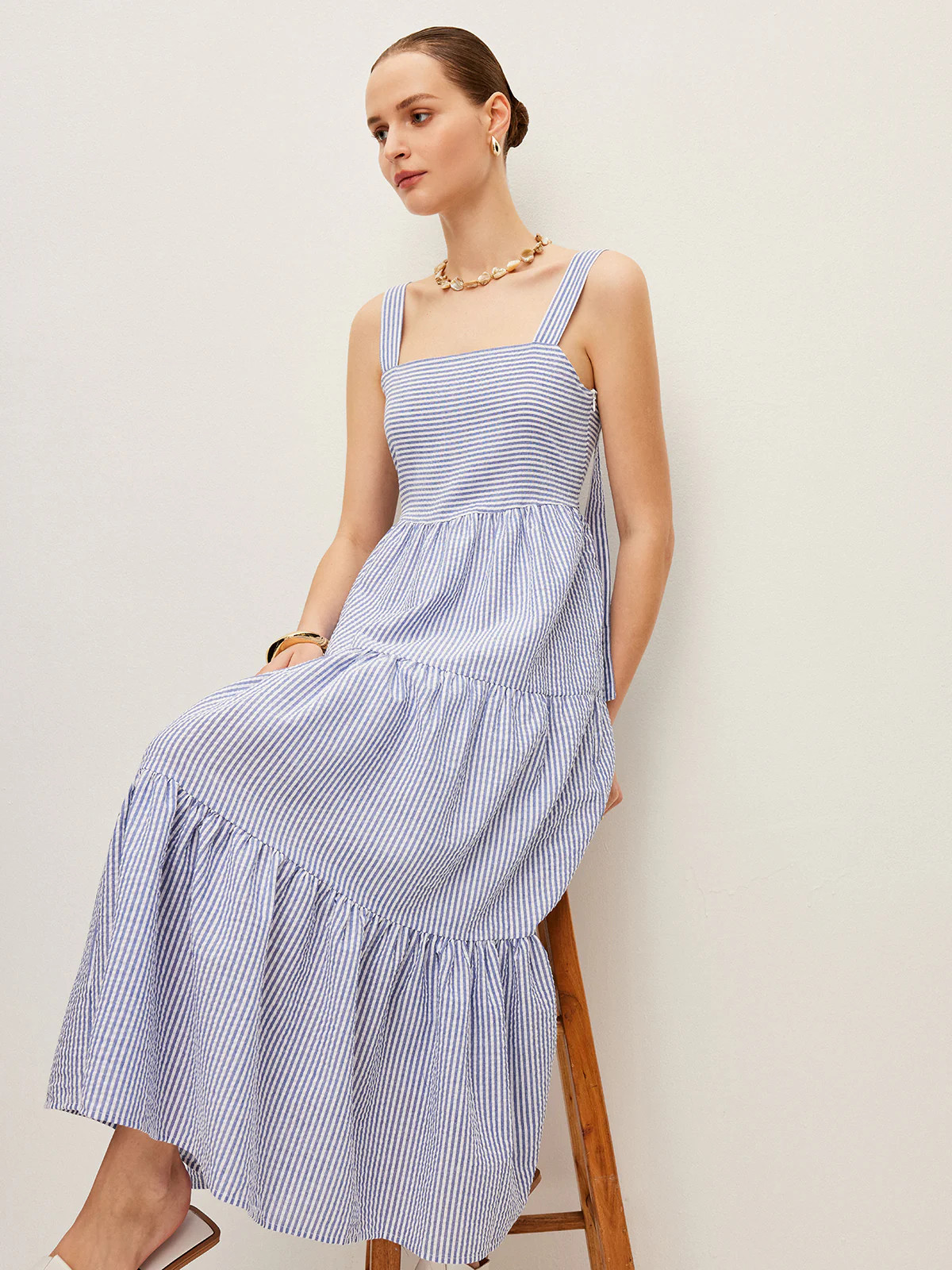 Striped Button-Detail Sleeveless Dress | Commense