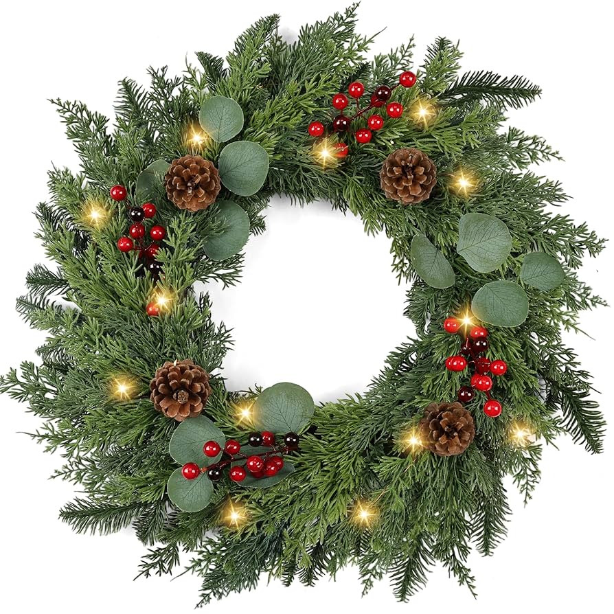 Christmas Wreath with Lights 24 Inch Real Touch Pine Wreath with Red Berries/Pine Cone Prelit Chr... | Amazon (US)