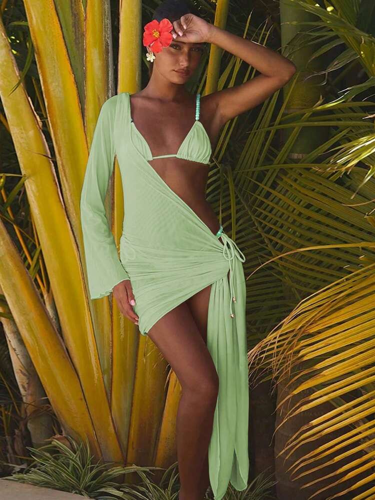 New Arrival Spring/Summer Casual Elegant Sexy Green Solid Color Beach Holiday Date Party 3-Piece ... | SHEIN