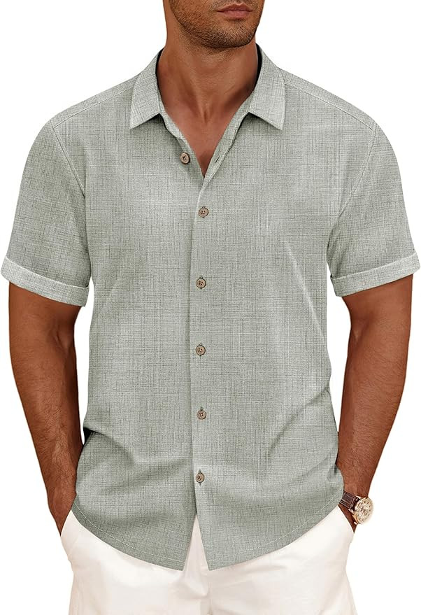 Linen Blend Shirts for Men Casual Short Sleeve Button Down Shirt Cool Summer Beach Wedding Vacati... | Amazon (US)
