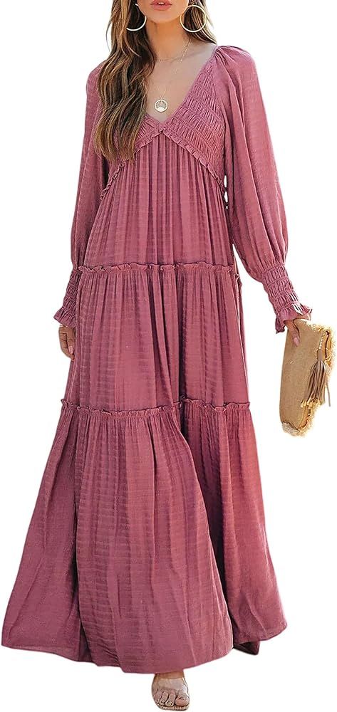 R.Vivimos Maxi Dress for Women Long Sleeve V Neck Empire Waist Layered Ruffle Boho Casual Flowy L... | Amazon (US)