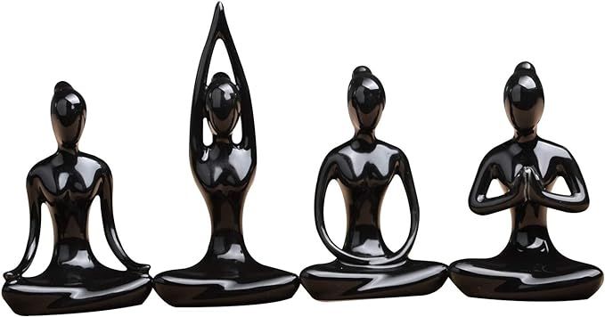 OwMell Lot of 4 Meditation Yoga Pose Statue Figurine Ceramic Yoga Figure Set Decor (Black Set) | Amazon (US)