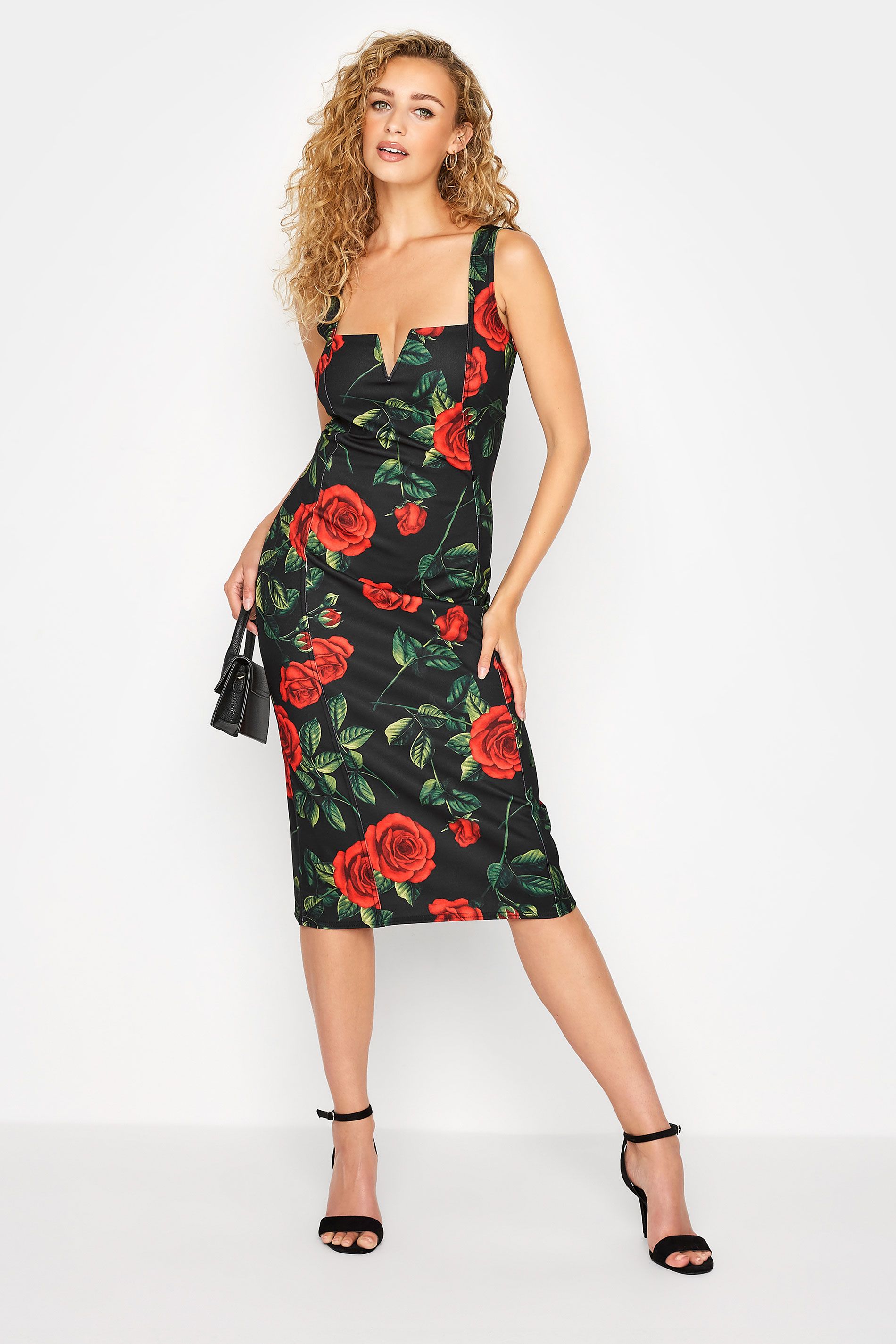 LTS Tall Black Rose Print Scuba Notch Neck Midi Dress | Long Tall Sally