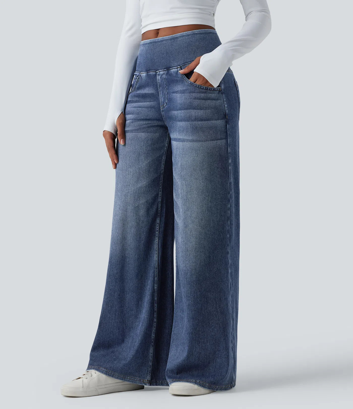 Women’s Halara Flex™ Mid Rise Draped Washed Casual Baggy Wide Leg Jeans with Pockets - Halara | HALARA
