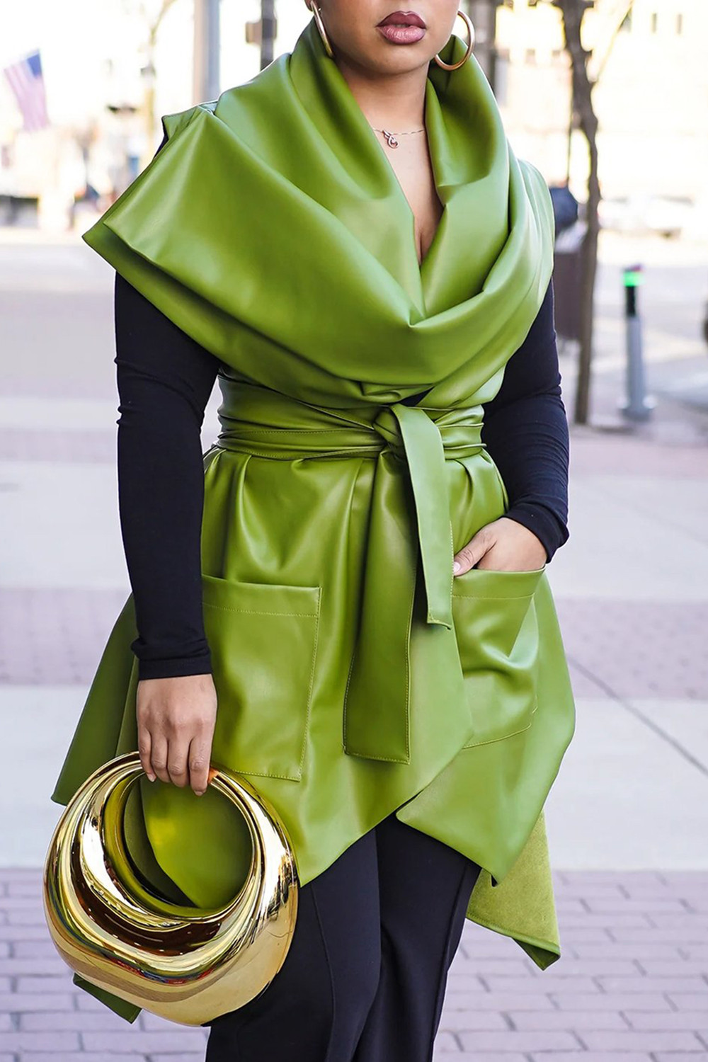 Plus Size Business Casual Green Cowl Neck Asymmetric Hem Pocket PU Leather Coat | Xpluswear