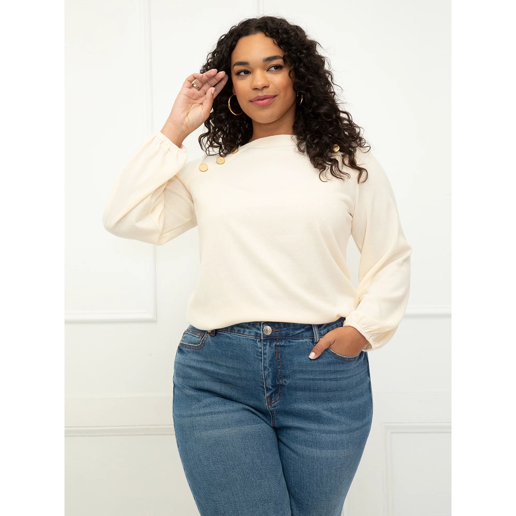 ELOQUII Elements Women's Plus Size Balloon Sleeve Tee With Buttons | Walmart (US)