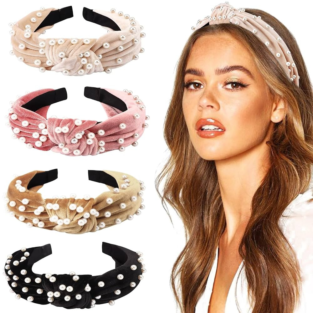 DRESHOW 4 Pack Velvet Pearl Headbands for Women Girls Bow Turban Vintage Boho Head Bands Wraps Ho... | Amazon (US)
