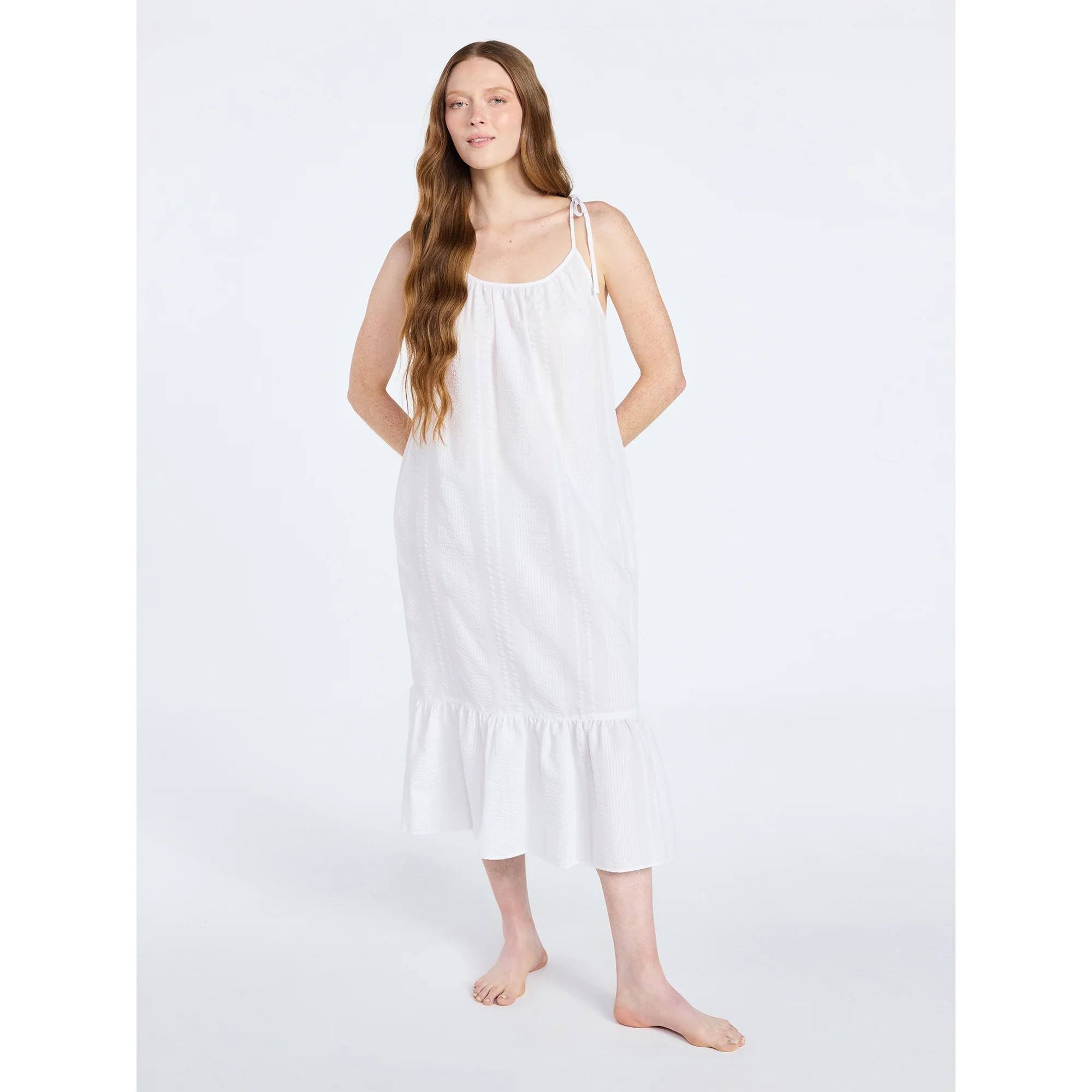 Joyspun Women's Seersucker Midi Sleep Gown with Shoulder Tie, Sizes XS to 3X | Walmart (US)