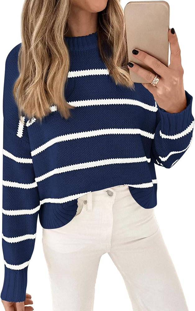 LILLUSORY Womens Striped Sweater Pullover Crewneck Knit Long Sleeve Cable Knitted Sweaters | Amazon (US)