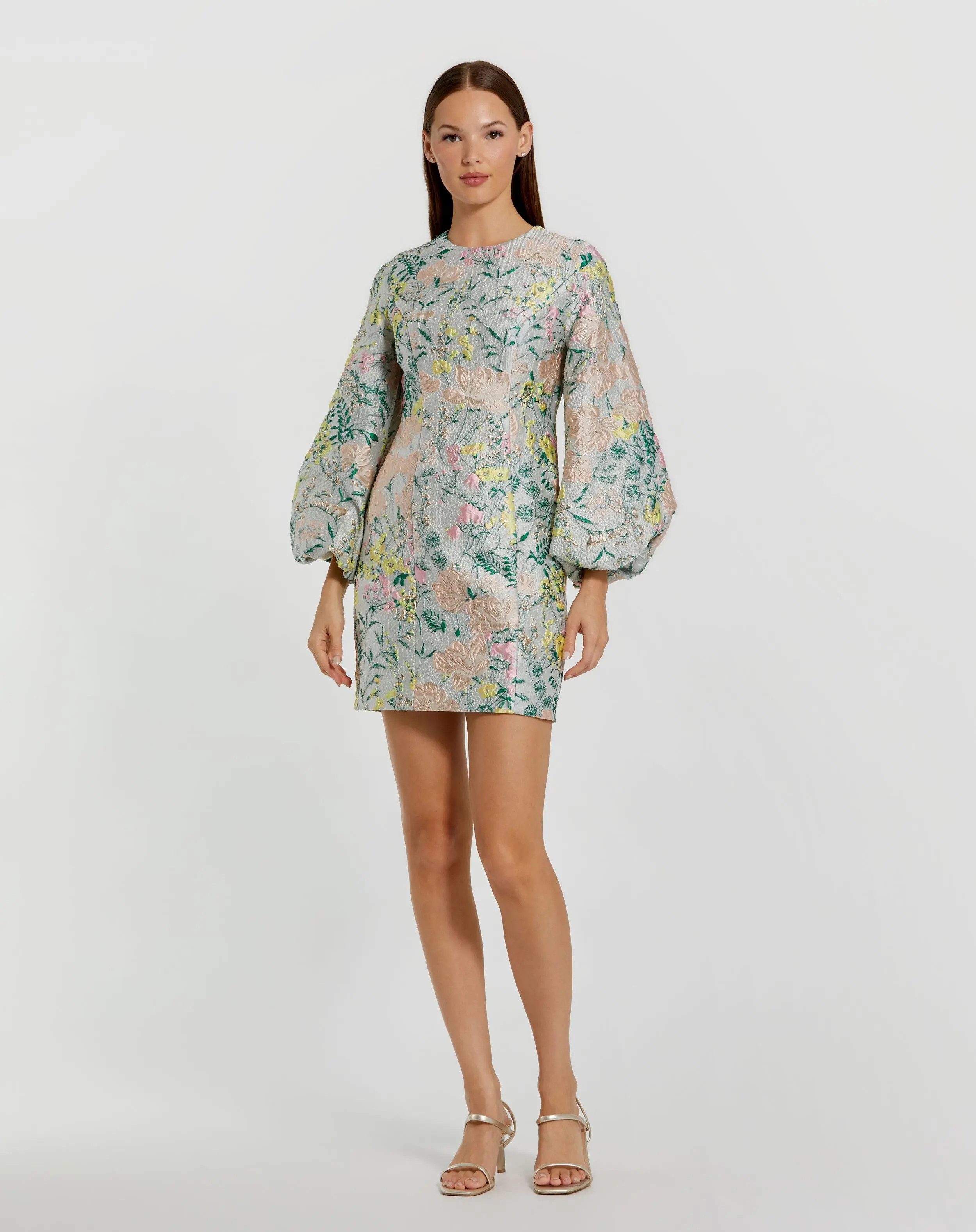 Multicolor Floral Brocade Puff Sleeve Fitted Mini Dress | Mac Duggal | Mac Duggal
