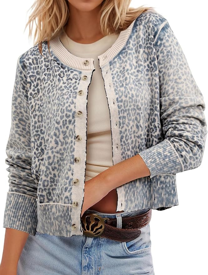 Leopard Cardigan Open Front Button Up Sweaters for Women Long Sleeve Shrug Cheetah Print Top Crop... | Amazon (US)