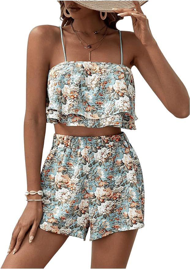 MakeMeChic Women's Summer Floral Print 2 Piece Outfits Sleeveless Ruffle Layer Cami Crop Tops wit... | Amazon (US)
