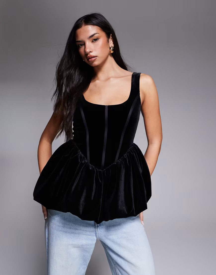ASOS LUXE velvet peplum bubble top with corset detail in black-Multi | ASOS (Global)