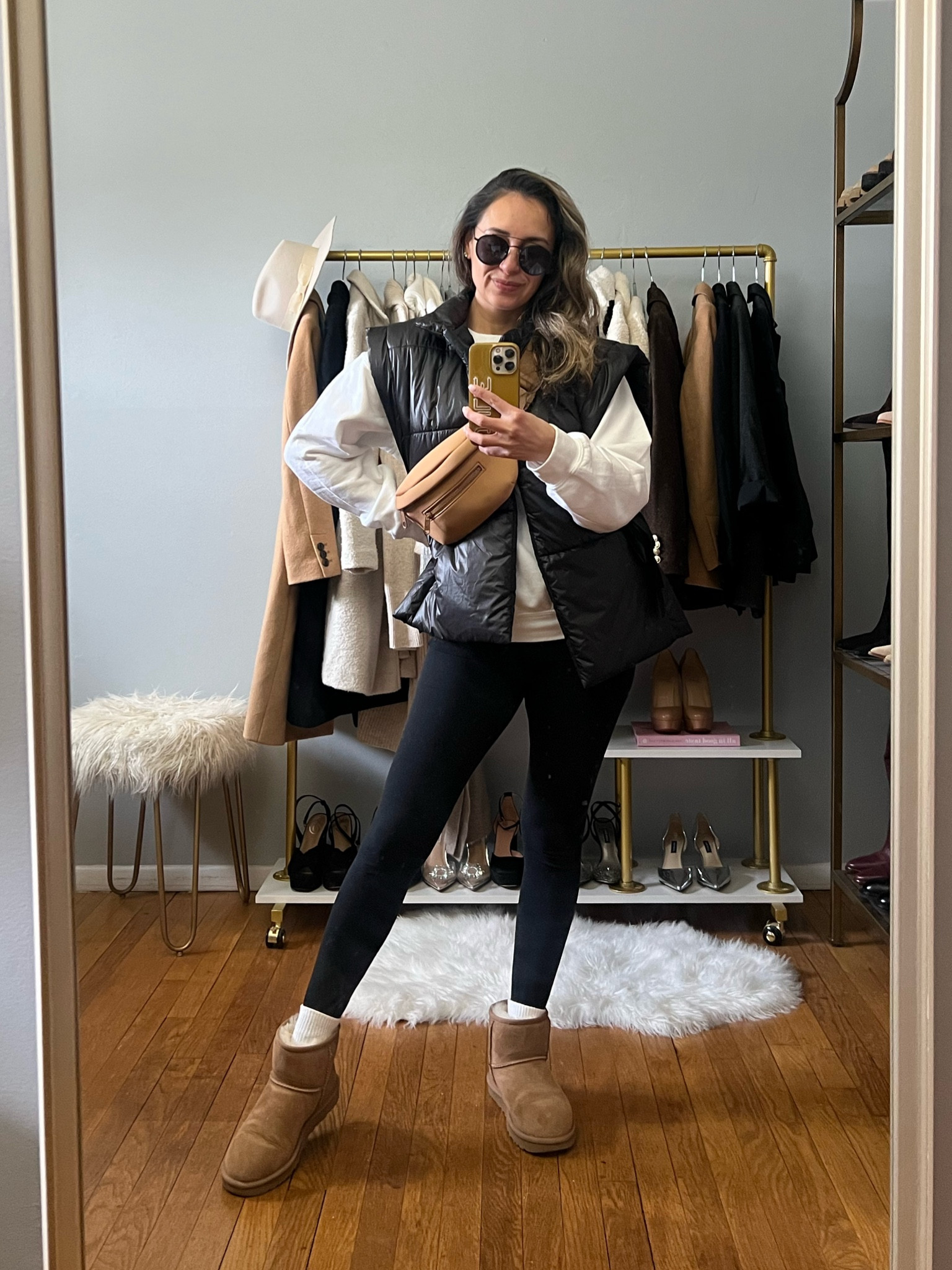 Super Bowl game day fit inspo 
Atheleisure look 
Ugg mini boots outfit 
Nike socks 
Nike leggings 
Calpack Fanny pack 
Amazon sunglasses 

#LTKshoecrush #LTKSeasonal #LTKfindsunder100