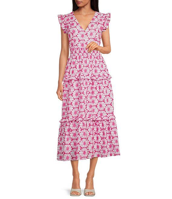 Embroidered Floral Print Smocked Waist V-Neck Cap Sleeve A-Line Tiered Midi Dress | Dillards