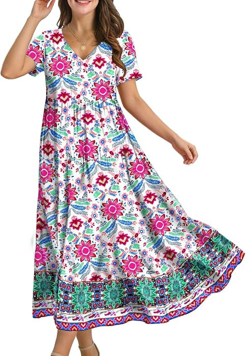 YESNO Women's Summer Maxi Dresses Casual Floral Short Sleeve V Neck Boho Beach Vacation Swing Dre... | Amazon (US)